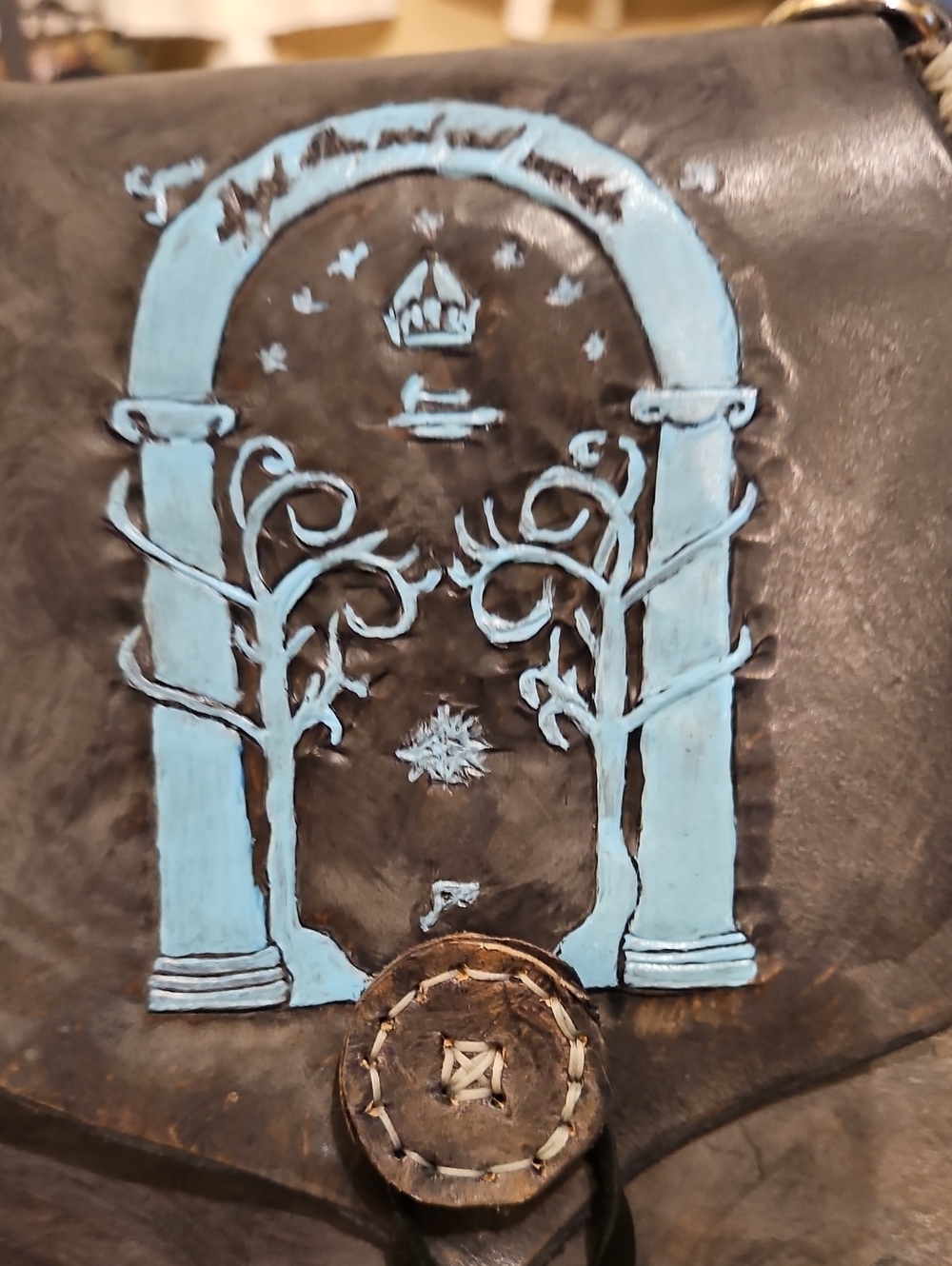Handcrafted Brown Leather Crossbody Bag with Turquoise Art Detail - Picture 3 of 5
